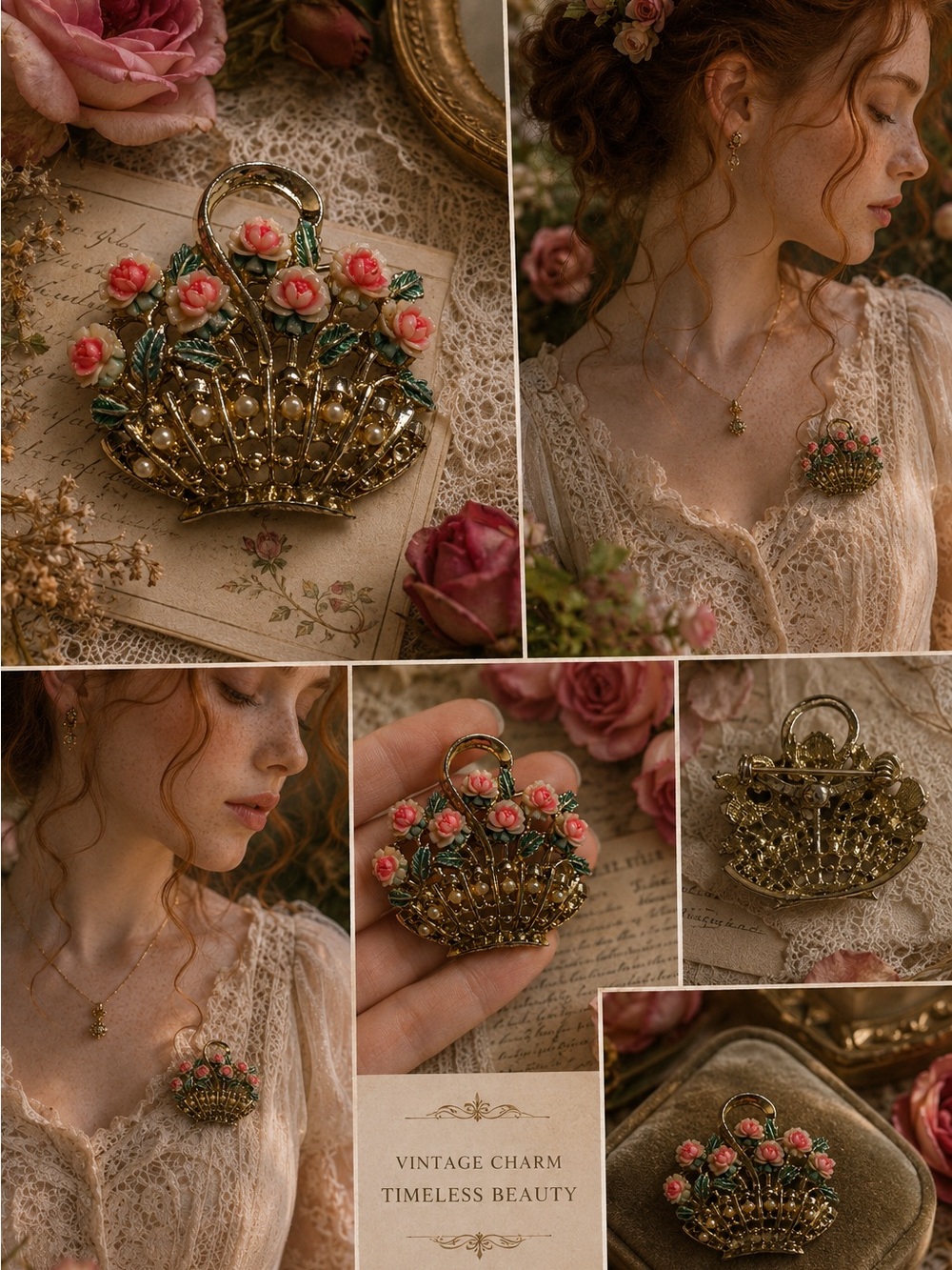 Vintage Gold Tone Flower Basket Brooch Pin Faux Pearl Pink Rose Cottagecore